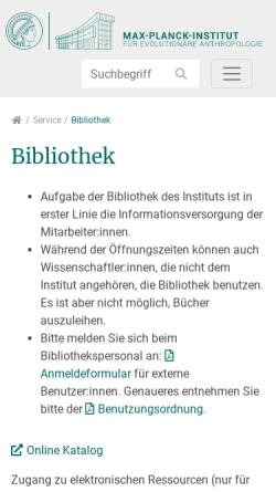 Vorschau der mobilen Webseite www.eva.mpg.de, Max-Planck-Institut für Evolutionäre Anthropologie Leipzig - Bibliothek
