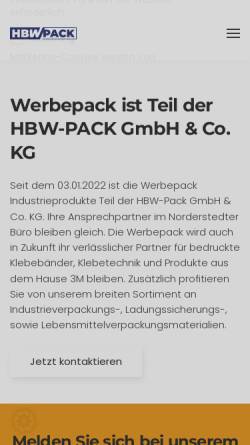 Vorschau der mobilen Webseite www.werbepack.de, Werbepack Industrieprodukte, Inh. Katrin Witthöft e.K.