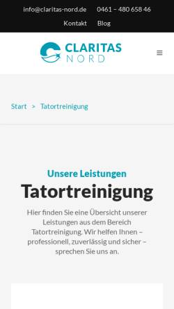 Vorschau der mobilen Webseite www.claritas-tatort-reinigung.de, Tatort Reinigung, Gebäudereinigung, Glasreinigung in Flensburg
