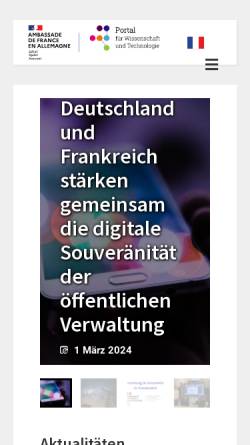 Vorschau der mobilen Webseite www.wissenschaft-frankreich.de, Wissenschaftsportal - Frz. Botschaft