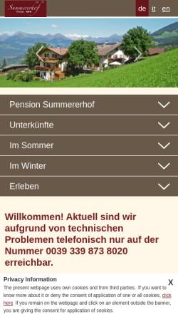 Vorschau der mobilen Webseite www.summererhof.com, Pension Summererhof