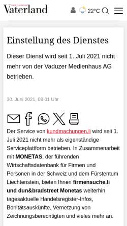Vorschau der mobilen Webseite www.kundmachungen.li, Kundmachungen.li - Vaduzer Medienhaus AG