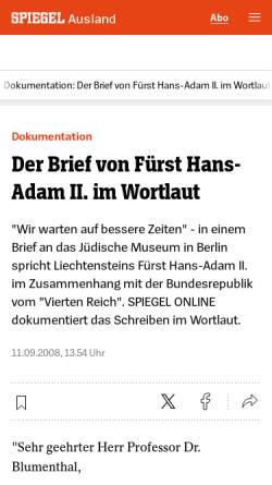 Vorschau der mobilen Webseite www.spiegel.de, Der Brief von Fürst Hans-Adam II. im Wortlaut - Spiegel Online