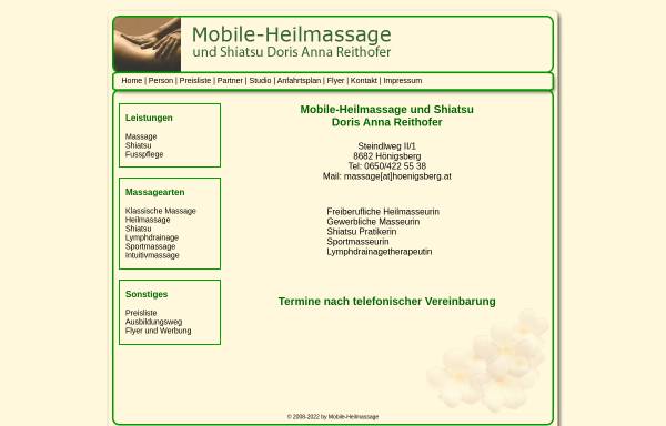Vorschau von www.massage.xn--hnigsberg-07a.at, Shiatsu - Mobile-Heilmassage und Fusspflege Doris Anna Reithofer