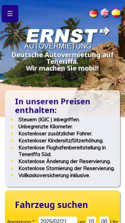 Vorschau der mobilen Webseite www.auto-ernst.de, Autovermietung Ernst S.L.