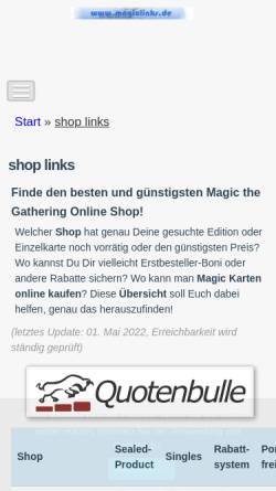Vorschau der mobilen Webseite magiclinks.de, Magiclinks | magic the gathering shop links, news, deals, mtg, spoiler