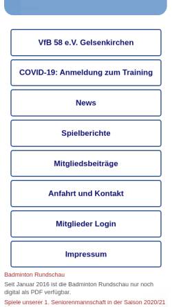 Vorschau der mobilen Webseite www.vfb58ge.de, Verein für Badminton Gelsenkirchen 58 e.V.