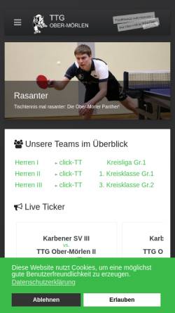 Vorschau der mobilen Webseite www.ttg-ober-moerlen.de, Tischtennis-Gemeinschaft Ober-Mörlen e. V.