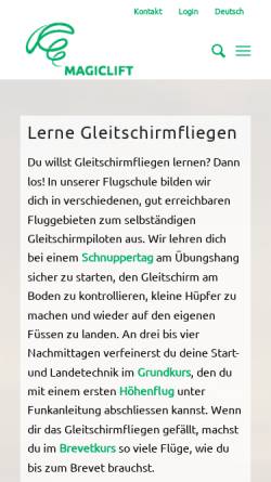 Vorschau der mobilen Webseite magiclift.ch, Gleitschirm-Flugschule Magiclift