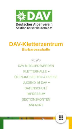 Vorschau der mobilen Webseite www.kletterzentrum-kl.de, DAV-Kletterzentrum Barbarossahalle, Kaiserslautern