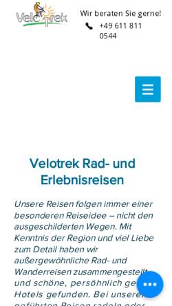 Vorschau der mobilen Webseite www.velotrek.de, Velotrek Rad- & Erlebnisreisen