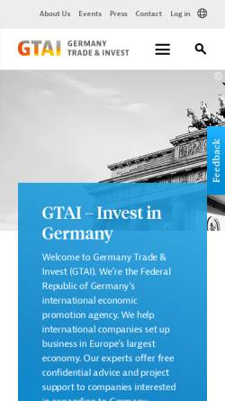 Vorschau der mobilen Webseite gtai.de, GTAI, Germany Trade and Invest - Gesellschaft für Außenwirtschaft und Standortmarketing mbH