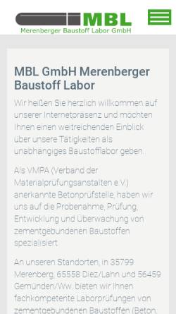 Vorschau der mobilen Webseite www.mblabor.de, MBL GmbH Merenberger Baustoff Labor