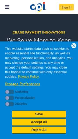 Vorschau der mobilen Webseite www.cranepi.com, Crane Payment Innovations GmbH