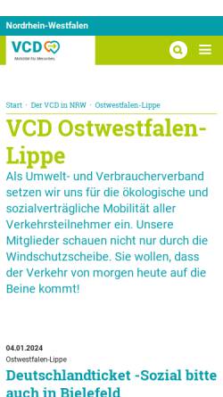Vorschau der mobilen Webseite www.vcd.org, Verkehrsclub Deutschland (VCD), Kreisverband Ostwestfalen-Lippe e.V.