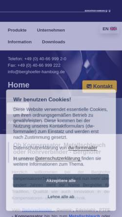 Vorschau der mobilen Webseite www.berghoefer-hamburg.de, Berghöfer Hamburg GmbH - Kompensatorentechnik