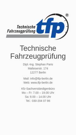 Vorschau der mobilen Webseite tfp-berlin.de, Tfp: Kfz-Prüfstelle und Kfz-Sachverständigenbüro