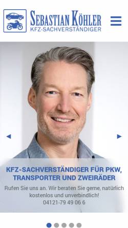Vorschau der mobilen Webseite www.sv-koehler.de, Kfz-Sachverständiger Sebastian Köhler im Kreis Pinneberg.