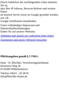 Vorschau der mobilen Webseite www.blischke-finanz.de, Pro finanz, Hans H. Blischke