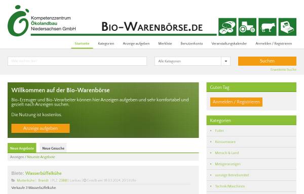 Vorschau von www.biowarenboerse.de, Bio-Warenbörse, Kompetenzzentrum Ökolandbau Niedersachsen GmbH