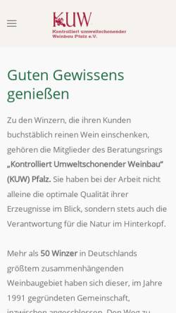 Vorschau der mobilen Webseite www.kuw-online.de, KUW Pfalz e. V. Kontrolliert umweltschonender Weinbau