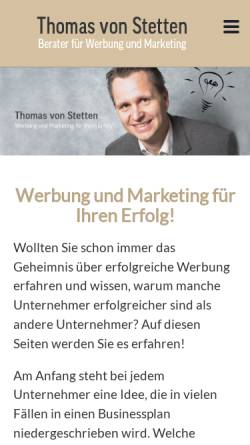 Vorschau der mobilen Webseite thomasvonstetten.de, Thomas von Stetten - Unternehmensberater für Werbung und Marketing