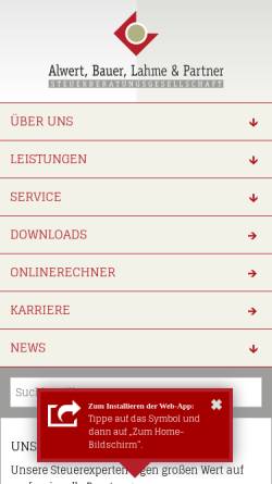 Vorschau der mobilen Webseite www.alwert-partner.de, Alwert, Bauer, Lahme und Partner - Steuerberatungsgesellschaft
