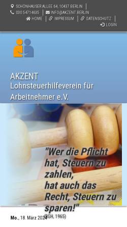 Vorschau der mobilen Webseite www.akzent-lohnsteuerhilfeverein.de, Akzent Lohnsteuerhilfeverein für Arbeitnehmer e.V.