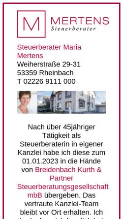 Vorschau der mobilen Webseite www.mertens-steuerberater.de, Steuerberaterkanzlei Mertens und Sozien GbR