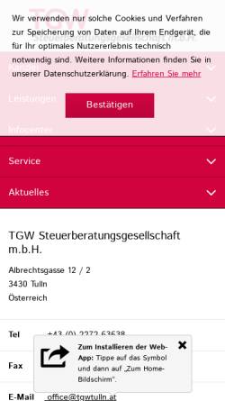 Vorschau der mobilen Webseite www.tgwtulln.at, TGW Steuerberatungsgesellschaft m.b.H.