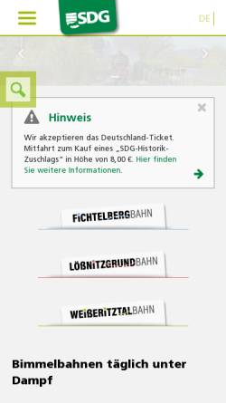 Vorschau der mobilen Webseite www.sdg-bahn.de, SDG Sächsische Dampfeisenbahngesellschaft mbH
