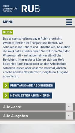 Vorschau der mobilen Webseite rubin.rub.de, RUBIN – Das Wissenschaftsmagazin