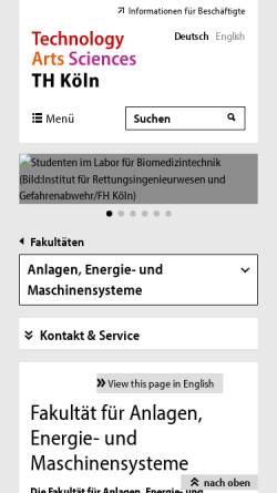 Vorschau der mobilen Webseite www.f09.fh-koeln.de, Fakultät für Anlagen, Energie- und Maschinensysteme (F09)