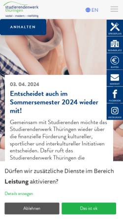 Vorschau der mobilen Webseite www.stw-thueringen.de, Studentenwerk Thüringen