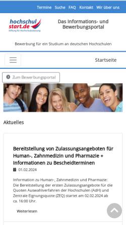 Vorschau der mobilen Webseite www.hochschulstart.de, Stiftung für Hochschulzulassung