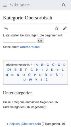 Vorschau der mobilen Webseite de.wiktionary.org, Wiktionary – Kategorie:Obersorbisch