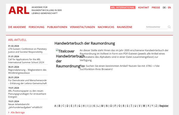 Vorschau von www.arl-net.de, Handwörterbuch der Raumordnung