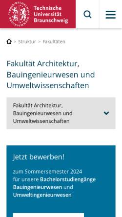 Vorschau der mobilen Webseite www.tu-braunschweig.de, Fakultät Architektur, Bauingenieurwesen und Umweltwissenschaften der Technischen Universität zu Braunschweig