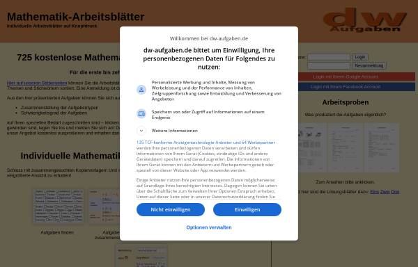 Vorschau von www.dw-aufgaben.de, Arbeitsblätter mit Lösungen für Schulmathematik individuell und automatisch erzeugt