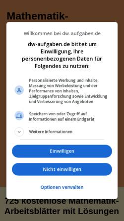 Vorschau der mobilen Webseite www.dw-aufgaben.de, Arbeitsblätter mit Lösungen für Schulmathematik individuell und automatisch erzeugt