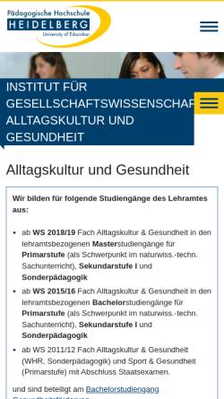 Vorschau der mobilen Webseite www.ph-heidelberg.de, Fach Alltagskultur und Gesundheit der Pädagogischen Hochschule Heidelberg
