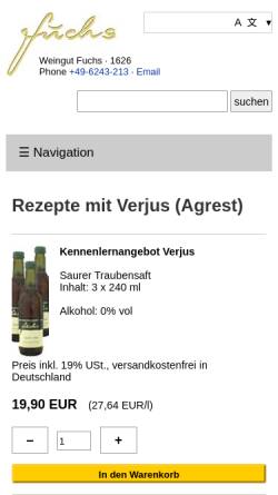 Vorschau der mobilen Webseite www.weingut-fuchs.de, Rezepte zum Kochen mit Verjus