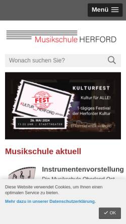 Vorschau der mobilen Webseite www.musikschule.herford.de, Musikschule der Stadt Herford