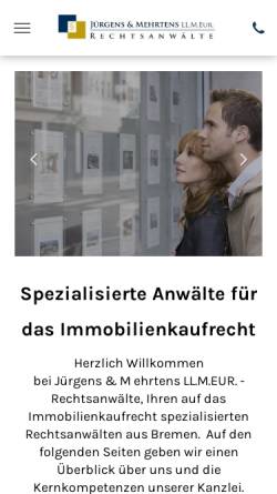 Vorschau der mobilen Webseite www.juergens-mehrtens.de, Jürgens & Mehrtens LL.M.Eur. Rechtsanwälte Baurecht Mietrecht Bremen