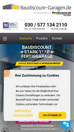 Vorschau der mobilen Webseite www.baudiscount-garagen.de, Baudiscount Garagen - Baustoff-Euro-Trade GmbH