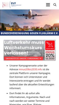 Vorschau der mobilen Webseite www.fluglaerm.de, Bundesvereinigung gegen Fluglärm e.V. (BVF)