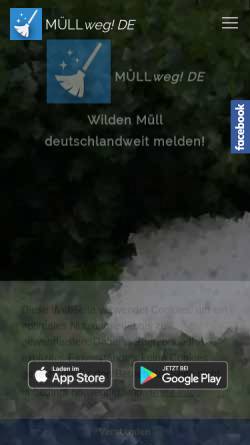Vorschau der mobilen Webseite muell-weg.de, MÜLLweg! DE - Wilden Müll deutschlandweit melden