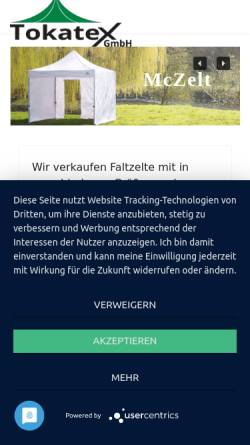 Vorschau der mobilen Webseite www.tokatex.de, Tokatex GmbH - Faltzelte & More