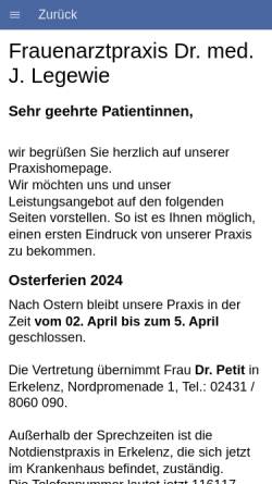 Vorschau der mobilen Webseite www.frauenarzt-ratheim.de, Praxis Dr. med. Jürgen Legewie