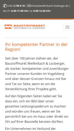 Vorschau der mobilen Webseite www.weifenbach-lissberger.de, Baustoffmarkt Weifenbach&Lissberger